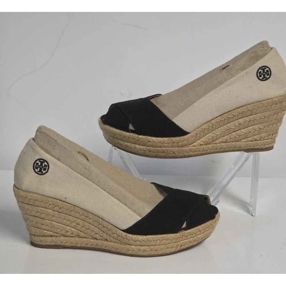 Tory Burch Womens 10 Espadrille Wedge Sandals Canvas Peep Toe Black Logo